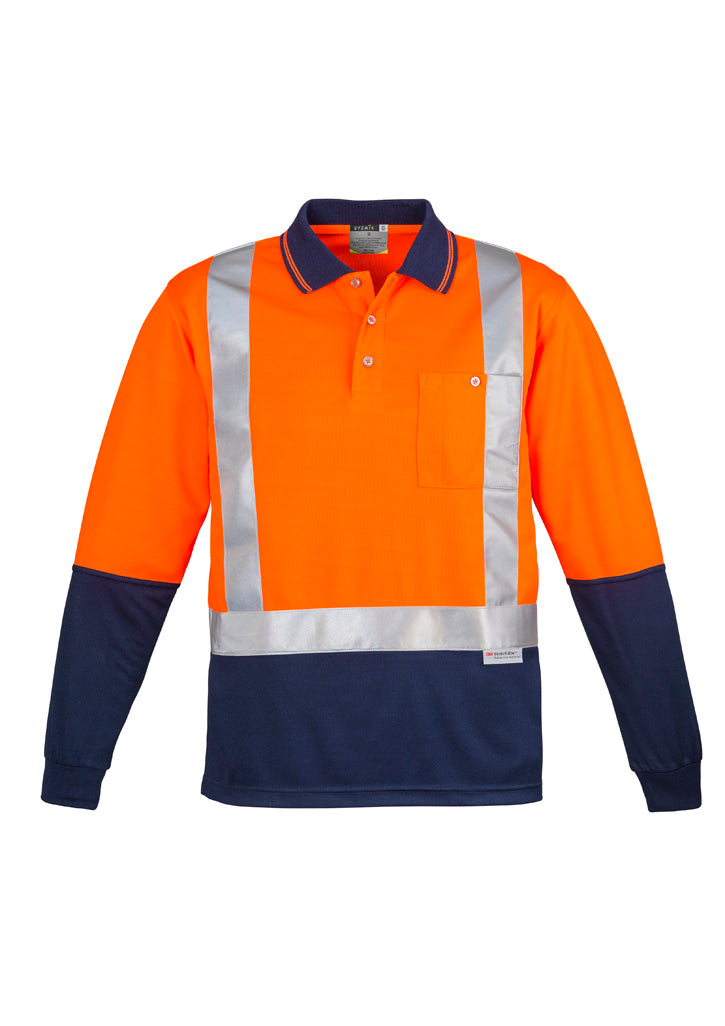 Mens Hi Vis Spliced Long Sleeve Polo - Shoulder Taped - Orange/Navy