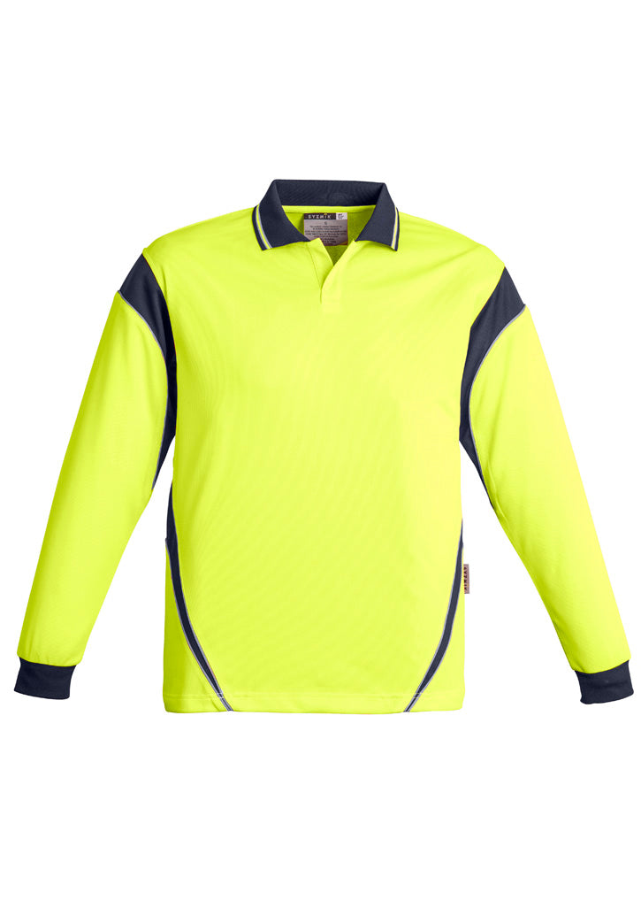 Mens Hi Vis Aztec Long Sleeve Polo - Yellow/Navy