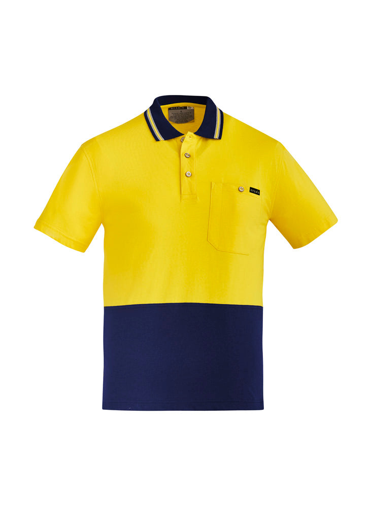 Mens Hi Vis Cotton Short Sleeve Polo - Yellow/Navy