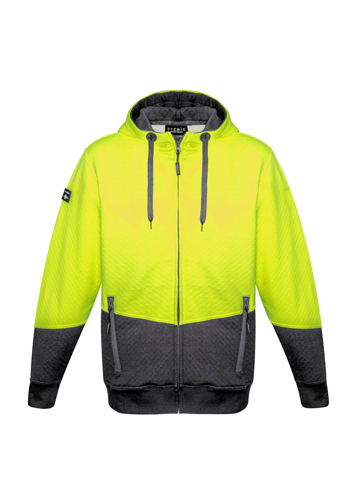 Unisex Hi Vis Textured Jacquard Full Zip Hoodie - Yellow/Charcoal