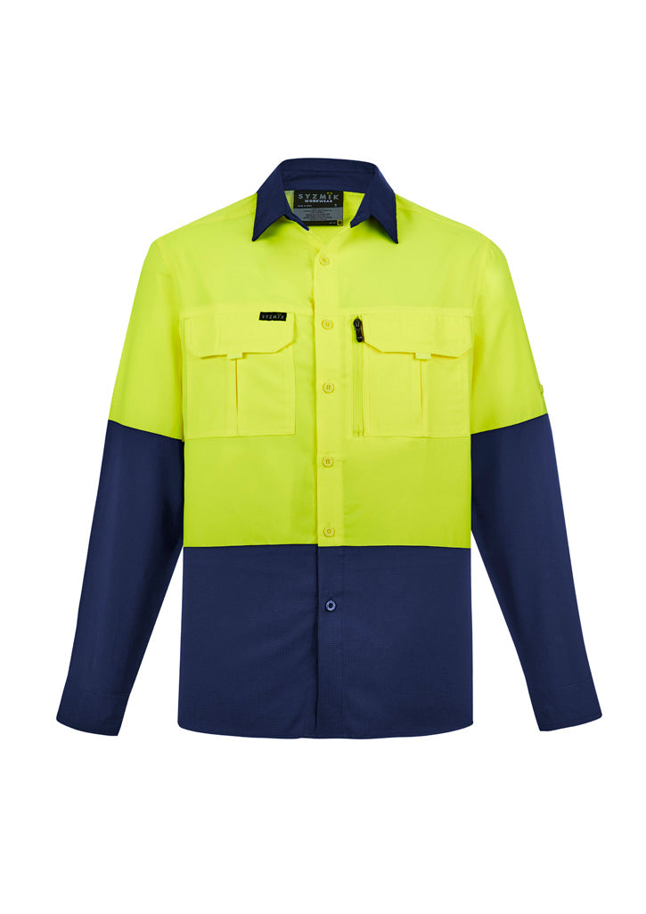 Mens Hi Vis Outdoor Long Sleeve Shirt - Yellow/Navy