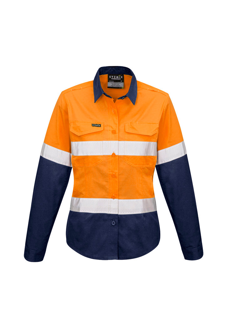 Womens Rugged Cooling Hi Vis Taped Long Sleeve Shirt - Orange/Navy
